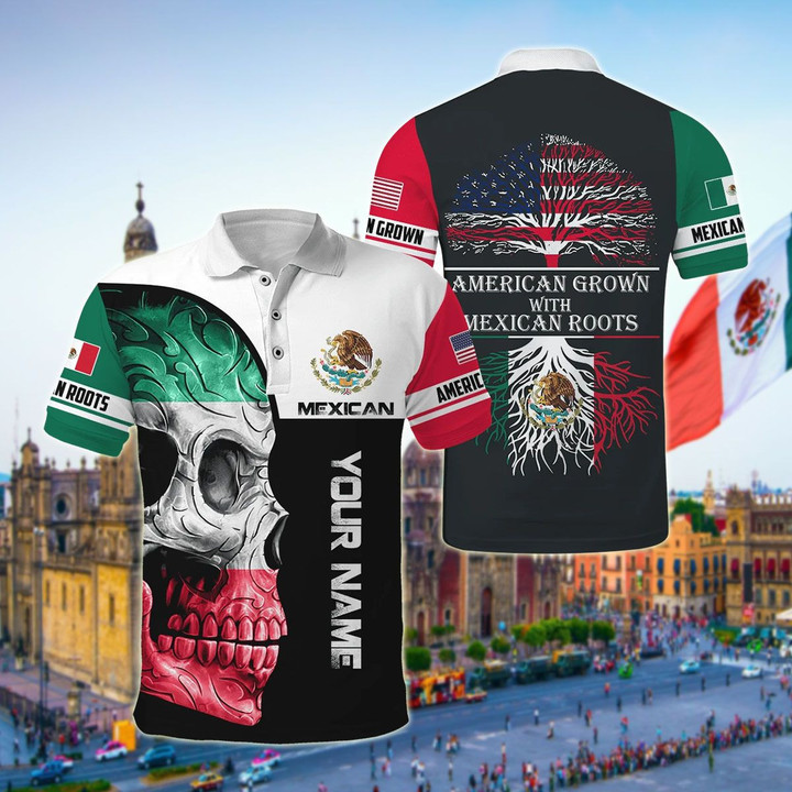 AIO Pride - Customize Mexican Skull - American Grown With American Roots Unisex Adult Polo Shirt