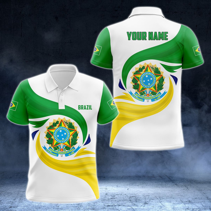 AIO Pride - Custom Name Brazil Flag And Coat Of Arms Unisex Adult Polo Shirt
