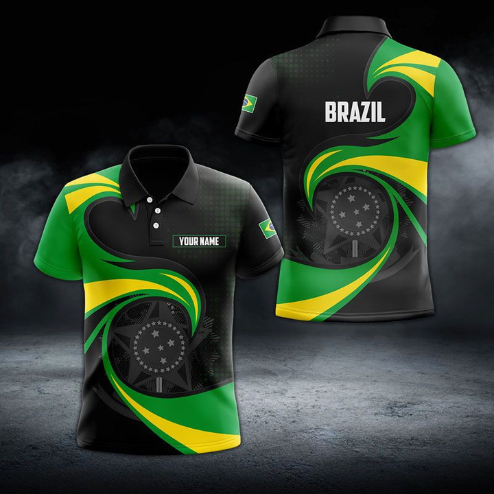 AIO Pride - Custom Name Brazil Coat Of Arms Fire Way  Unisex Adult Polo Shirt