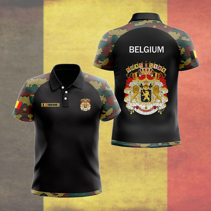 AIO Pride - Custom Name Belgium Coat Of Arms Camo Unisex Adult Polo Shirt