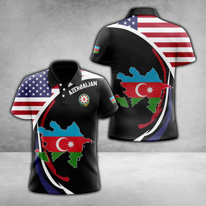 AIO Pride - America And Azerbaijan Proud Flag Map 3D Unisex Adult Polo Shirt