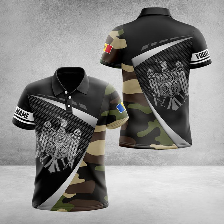 AIO Pride - Custome Name Moldova Camouflage Coat Of Arms Unisex Adult Polo Shirt