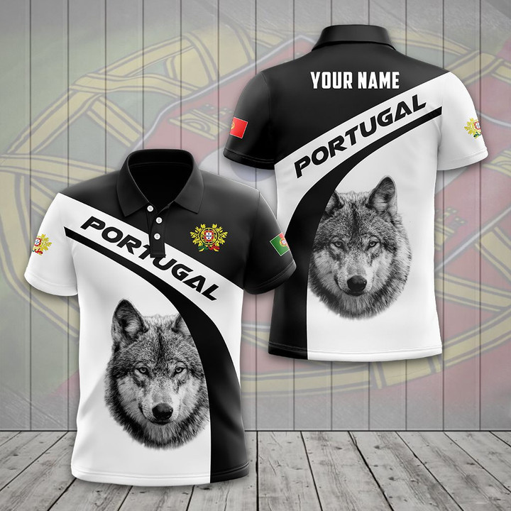AIO Pride - Custom Name Portugal Wolf Black And White Unisex Adult Polo Shirt