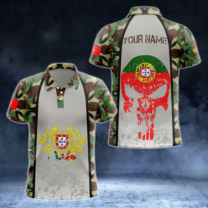 AIO Pride - Customize Portugal Coat Of Arms Camo Skull With Flag 3D Unisex Adult Polo Shirt