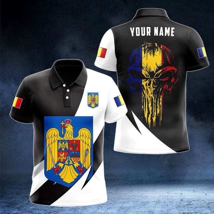 AIO Pride - Customize Romania Big Coat Of Arms Skull Flag Unisex Adult Polo Shirt