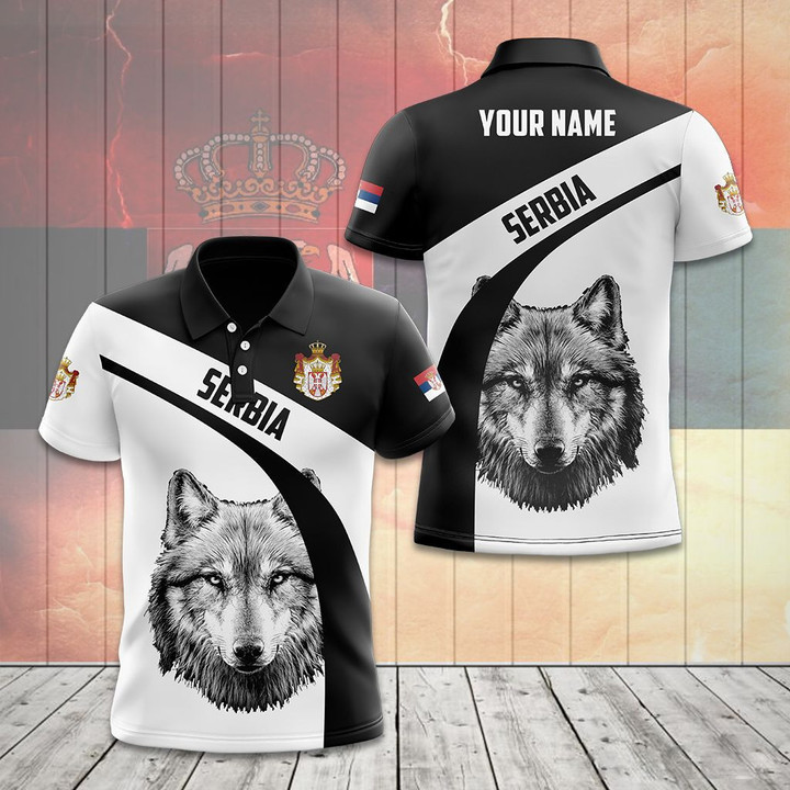 AIO Pride - Custom Name Serbia Wolf Black And White Unisex Adult Polo Shirt