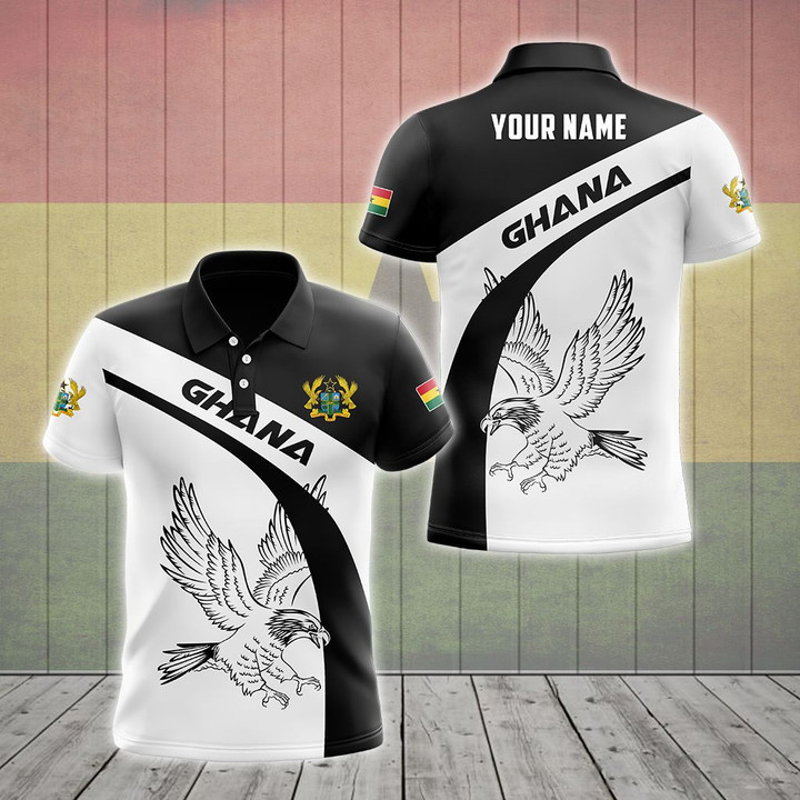 AIO Pride - Custom Name Ghana Eagle Black And White Unisex Adult Polo Shirt