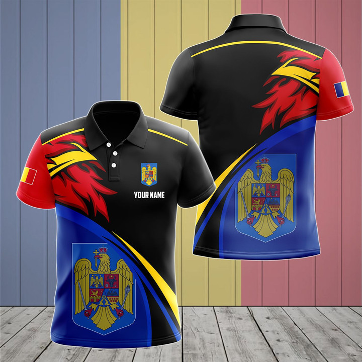 AIO Pride - Customize Romania Coat Of Arms Fire Unisex Adult Polo Shirt