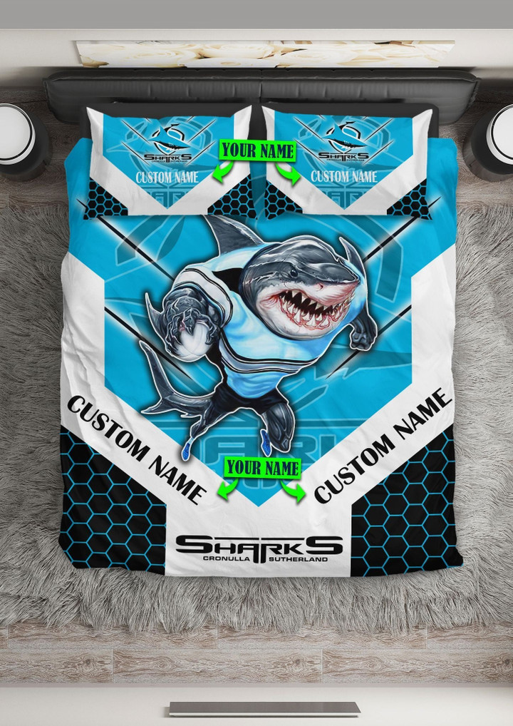 AIO Pride 3-Piece Duvet Cover Set Custom Name Nrl Cronulla Sutherland Sharks Mascot