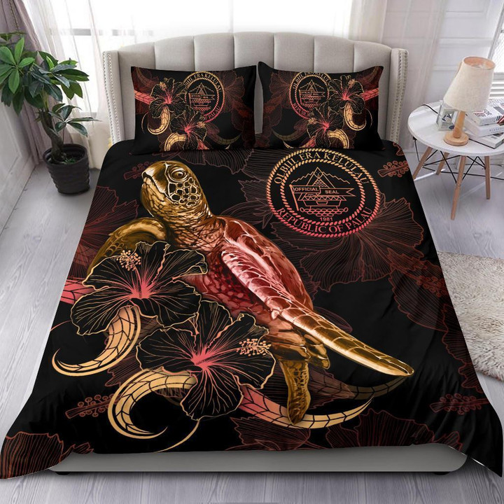 AIO Pride 3-Piece Duvet Cover Set Palau Polynesian - Turtle With Blooming Hibiscus Gold