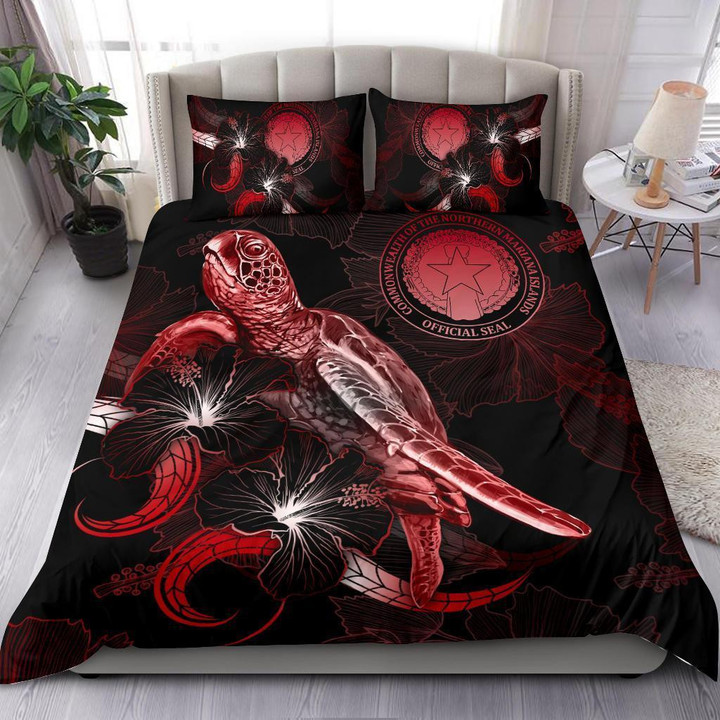 AIO Pride 3-Piece Duvet Cover Set CNMI Polynesian - Turtle With Blooming Hibiscus Red