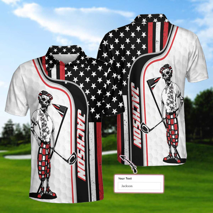 AIO Pride Golfer American Flag Custom Name Short Sleeve Polo Shirt