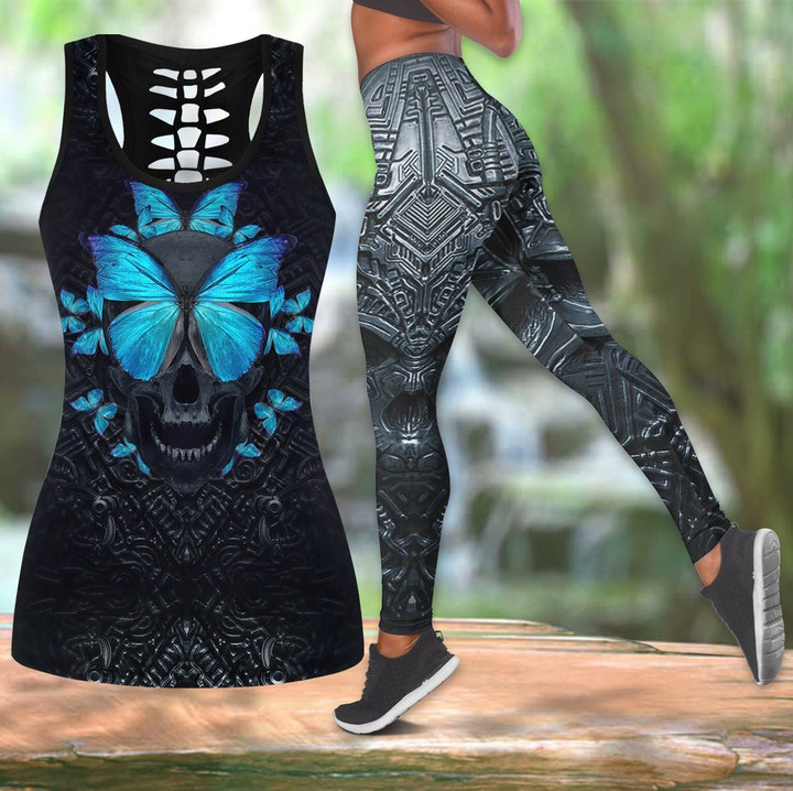 AIO Pride Skull Blue Butterfly Hollow Tank Top Or High Waist Leggings