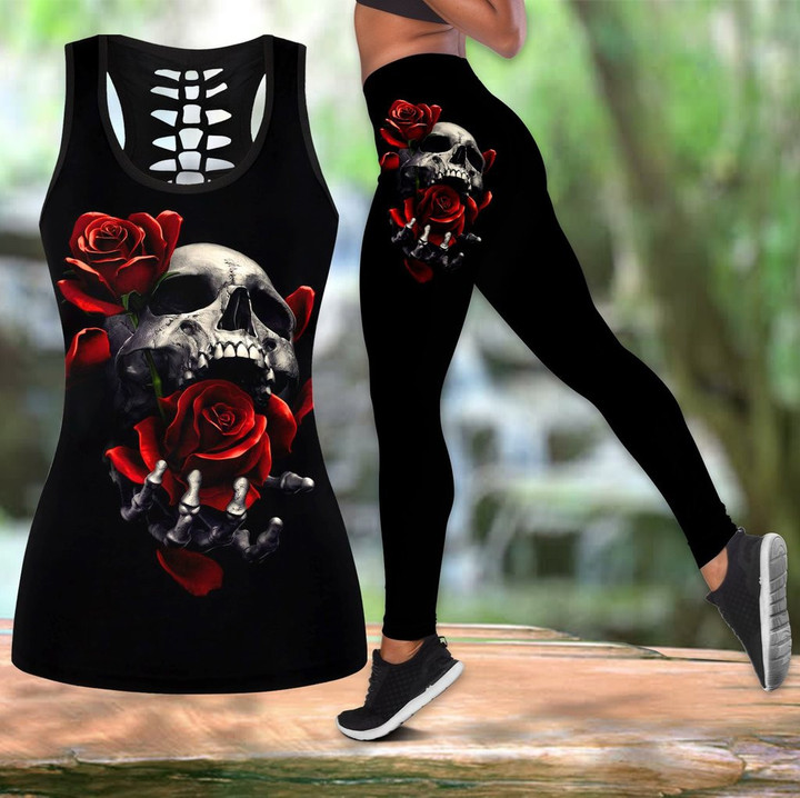 AIO Pride Skull Hand Holding A Rose Hollow Tank Top Or High Waist Leggings