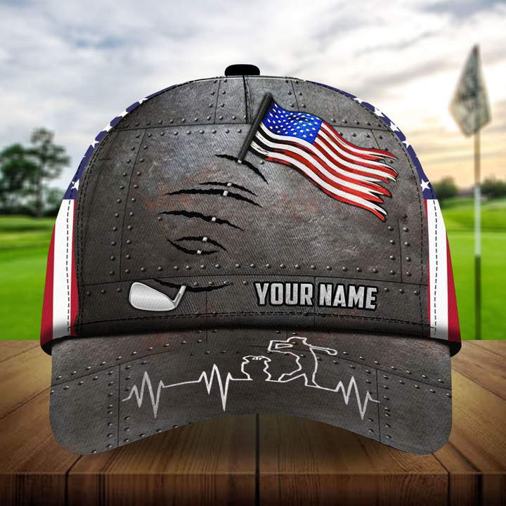 AIO Pride Premium Metal American Flag Heart Beat Golfer, Golf Hats Custom Name