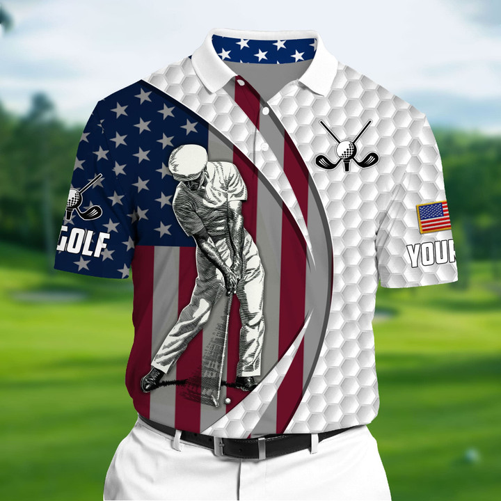 AIO Pride Premium Cool Old Golfer Polo Golf Pattern Multicolor US Flag Custom Name