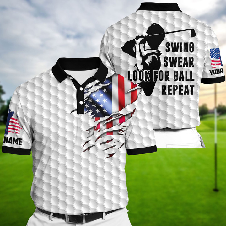 AIO Pride Premium Cool American Flag White Golf Polo Shirts Custom Name