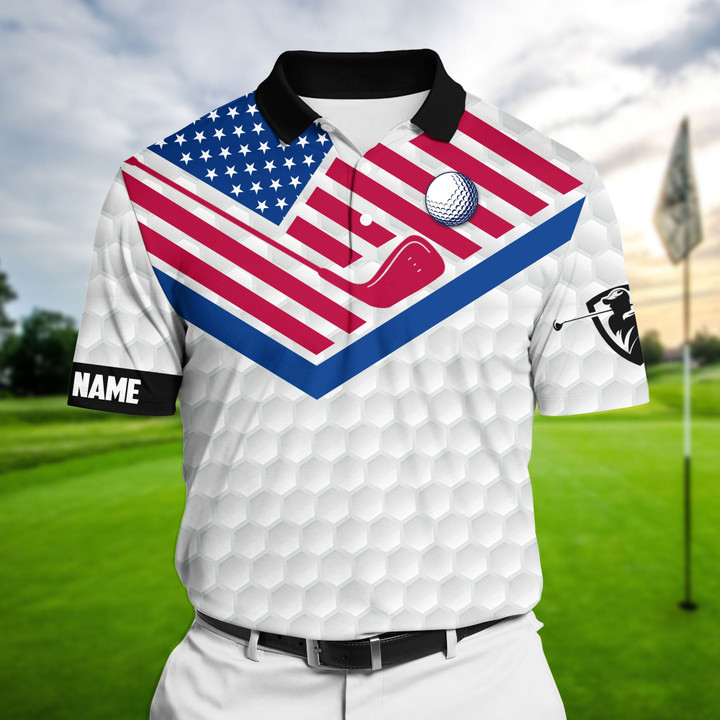 AIO Pride Premium Cool American Flag Golf Lover Golf Polo Shirts Multicolored Custom Name