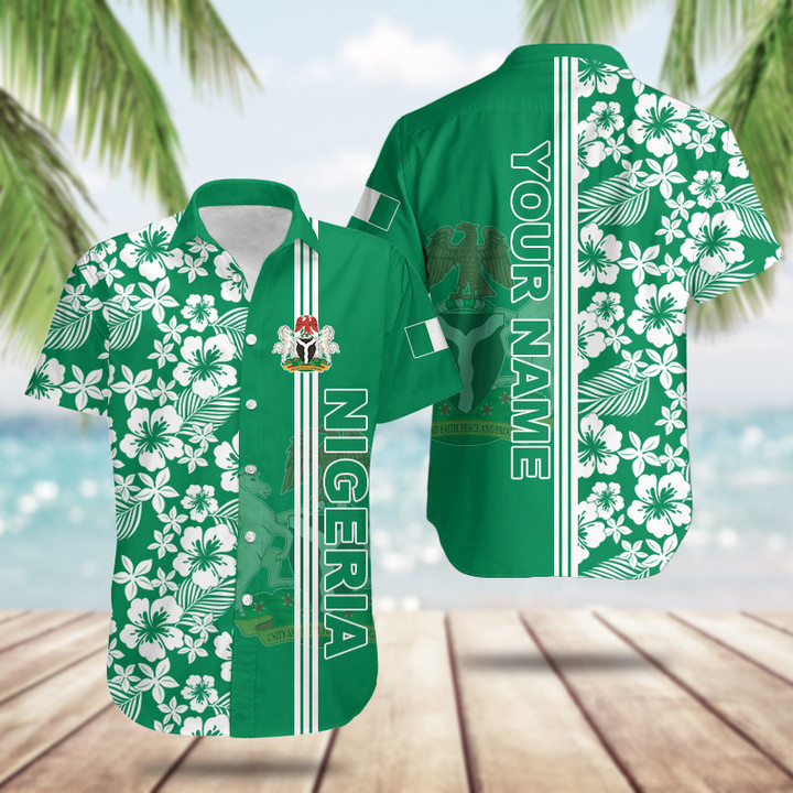 AIO Pride Custom Name Nigeria Coat Of Arms Hibiscus Pattern Hawaiian Shirt