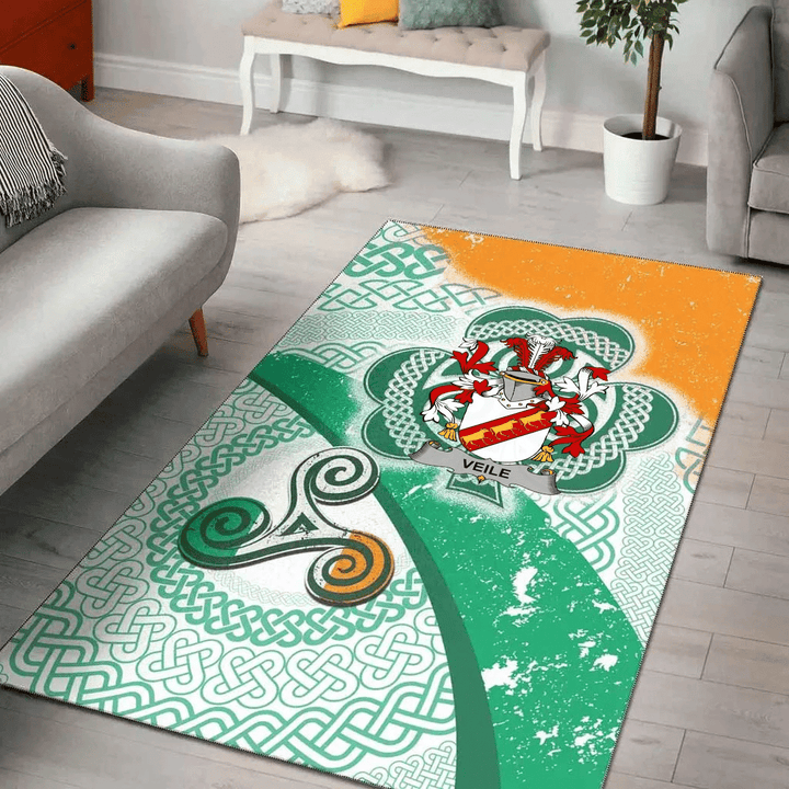 AIO Pride Veile or Veale Family Crest Area Rug - Ireland Shamrock With Celtic Patterns