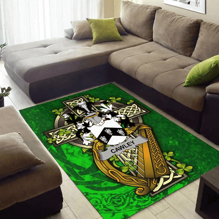 AIO Pride Cawley or Cauley Family Crest Area Rug - Ireland Coat Of Arms with Shamrock