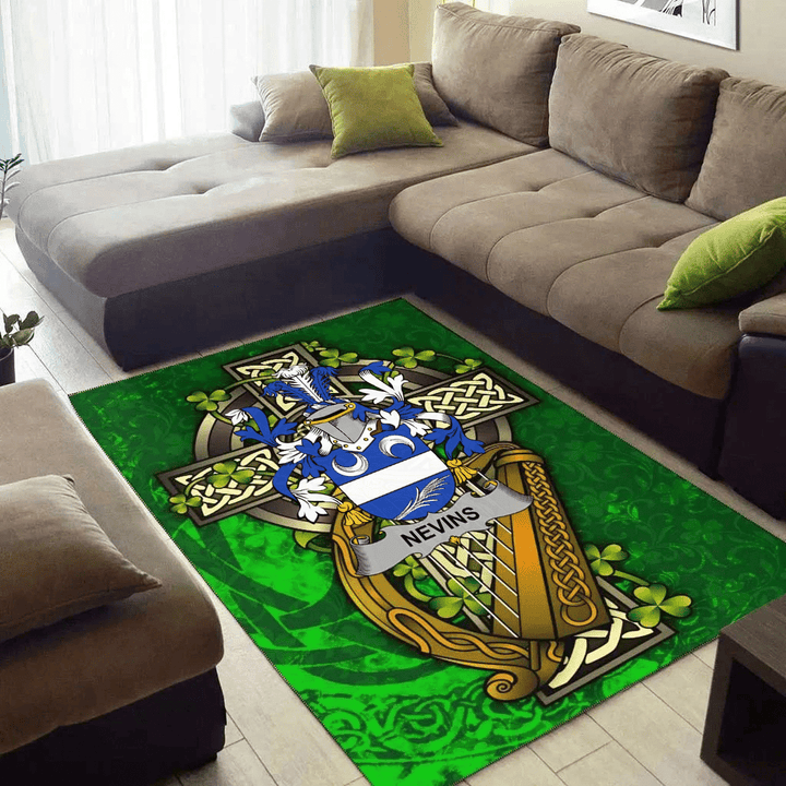 AIO Pride Nevins or McNevins Family Crest Area Rug - Ireland Coat Of Arms with Shamrock