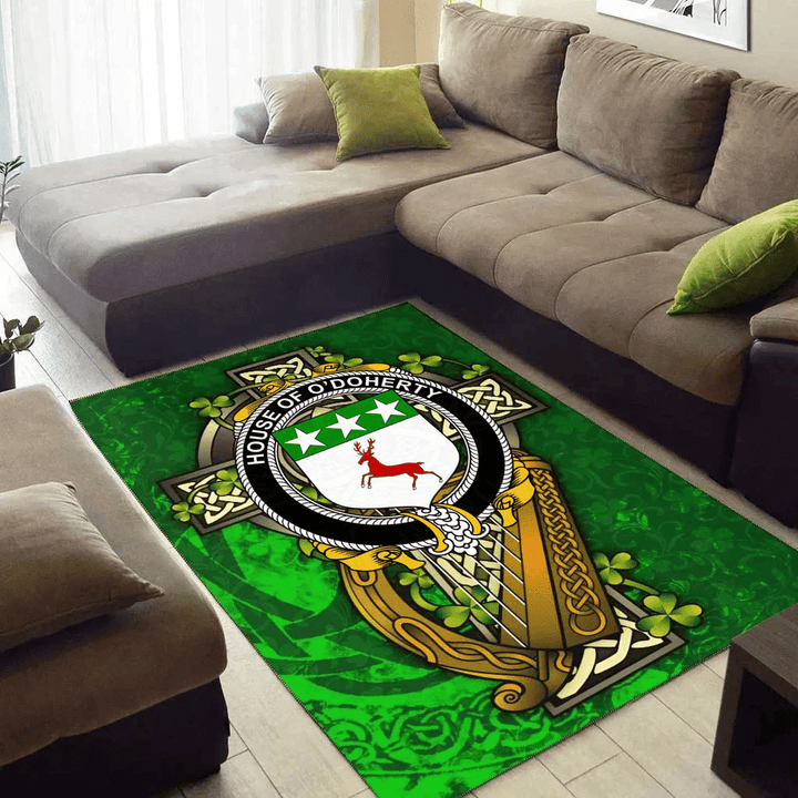 AIO Pride House of O'DOHERTY Family Crest Area Rug - Ireland Coat Of Arms with Shamrock