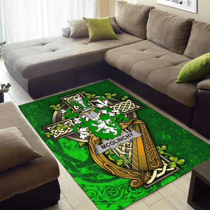 AIO Pride McGlinchy or McGlinchey Family Crest Area Rug - Ireland Coat Of Arms with Shamrock