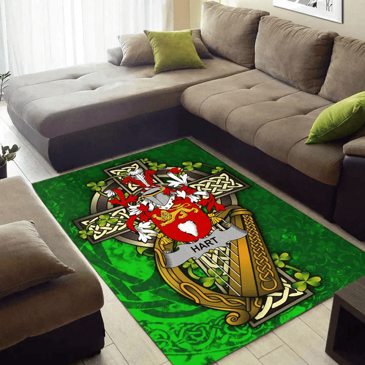 AIO Pride Hart or O'Hart Family Crest Area Rug - Ireland Coat Of Arms with Shamrock
