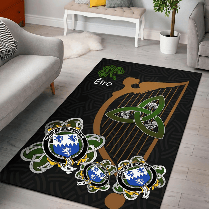 AIO Pride House of O'SCANLAN (Munster) Family Crest Area Rug - Harp And Shamrock