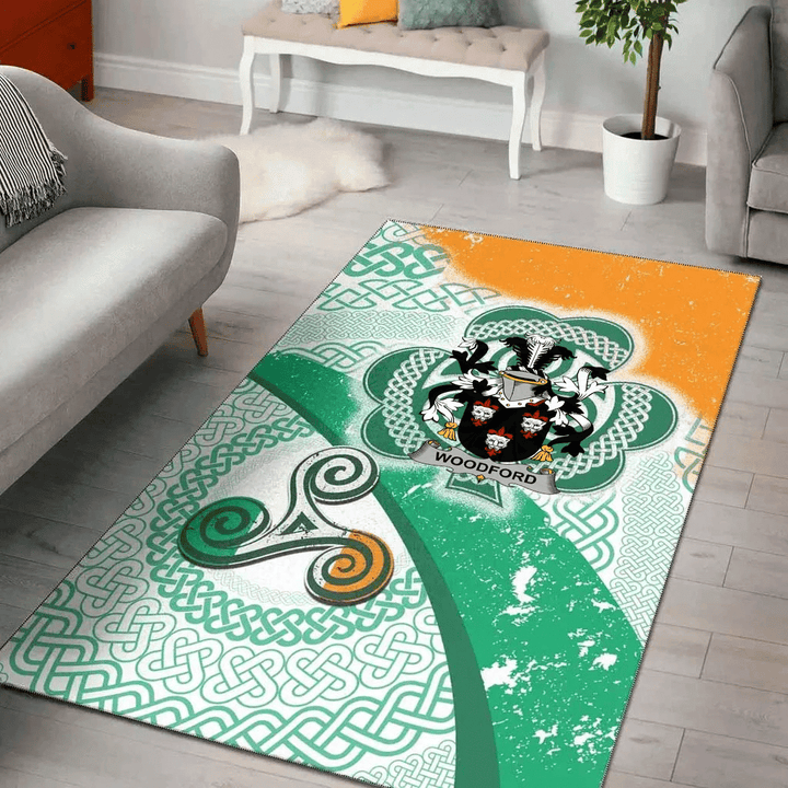 AIO Pride Woodford Family Crest Area Rug - Ireland Shamrock With Celtic Patterns