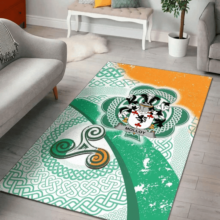 AIO Pride Molloy or O'Mulloy Family Crest Area Rug - Ireland Shamrock With Celtic Patterns