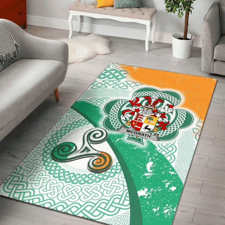 AIO Pride McGrath or McGraw Family Crest Area Rug - Ireland Shamrock With Celtic Patterns