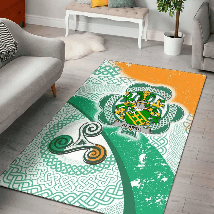 AIO Pride Pearse Family Crest Area Rug - Ireland Shamrock With Celtic Patterns