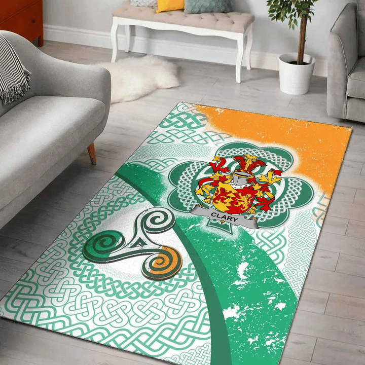 AIO Pride Clary or O'Clary. Family Crest Area Rug - Ireland Shamrock With Celtic Patterns