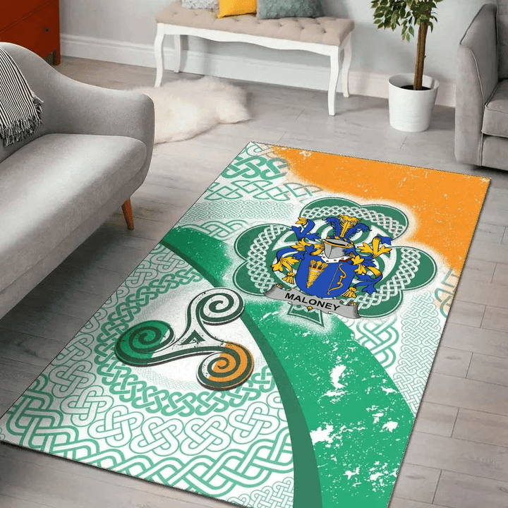 AIO Pride Maloney or O'Molony Family Crest Area Rug - Ireland Shamrock With Celtic Patterns