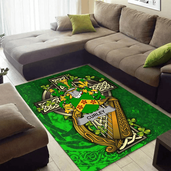 AIO Pride Curley or McTurley Family Crest Area Rug - Ireland Coat Of Arms with Shamrock
