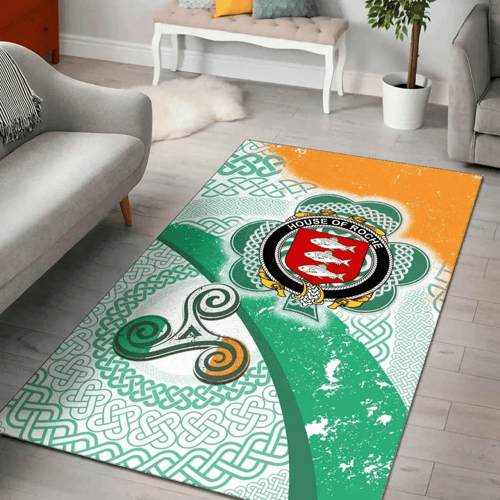 AIO Pride House of ROCHE Family Crest Area Rug - Ireland Shamrock With Celtic Patterns