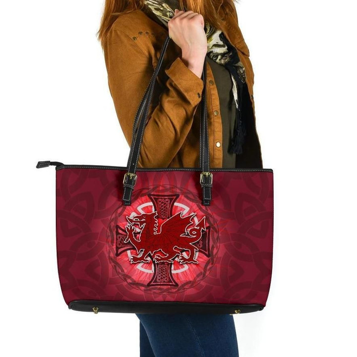 AIO Pride Wales Celtic Leather Tote Bag - Dragon With Celtic Cross Red