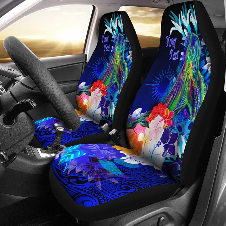 AIO Pride Custom Text Marshall Islands Car Seat Cover - Humpback Whale With Tropical Flowers (Blue)