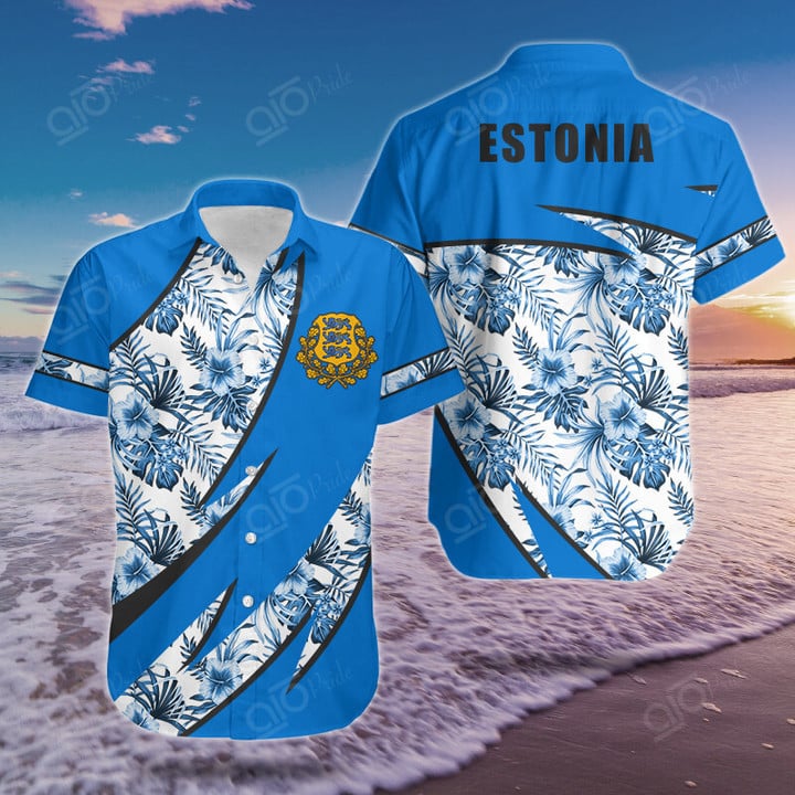AIO Pride Estonia Groly Coat Of Arms Hibiscus Pattern Hawaiian Shirt