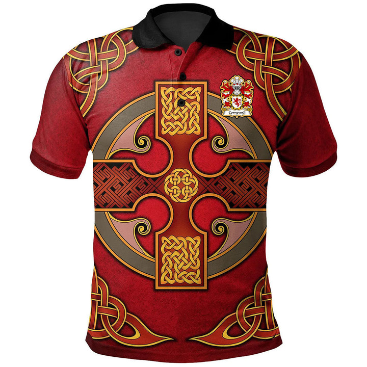 AIO Pride Cornewall Barons Of Burford Welsh Family Crest Polo Shirt - Vintage Celtic Cross Red