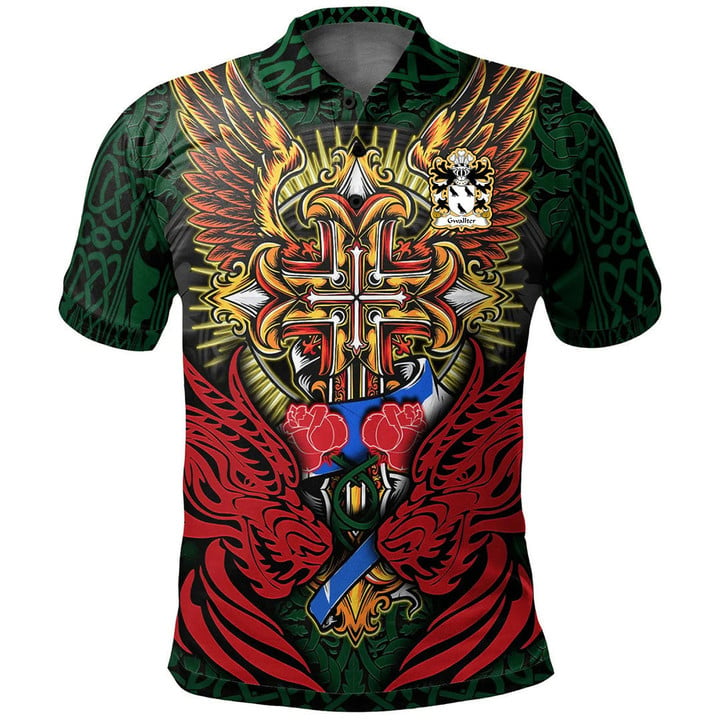 AIO Pride Gwallter Or Walter AP John Welsh Family Crest Polo Shirt - Red Dragon Duo Celtic Cross