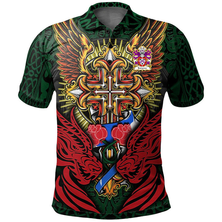AIO Pride Exmewe Of Ruthin Denbighshire Welsh Family Crest Polo Shirt - Red Dragon Duo Celtic Cross