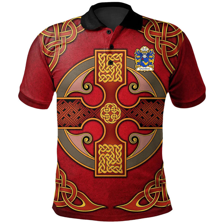 AIO Pride Chambers Of Denbighshire Welsh Family Crest Polo Shirt - Vintage Celtic Cross Red