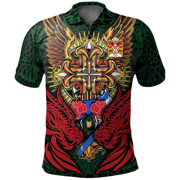 AIO Pride Peake Or Pec Denbighshire Welsh Family Crest Polo Shirt - Red Dragon Duo Celtic Cross
