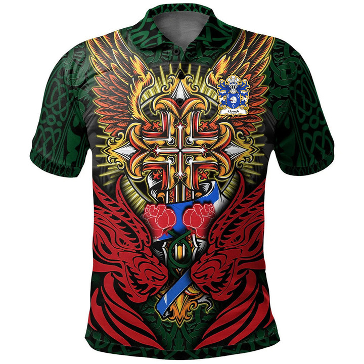 AIO Pride Clough Of Denbighshire Welsh Family Crest Polo Shirt - Red Dragon Duo Celtic Cross