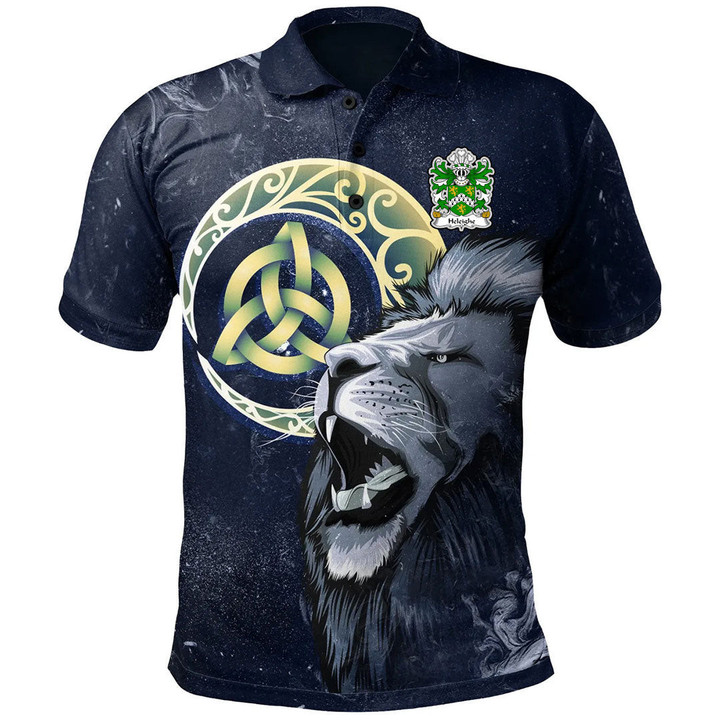 AIO Pride Heleighe Helegh Heley Of Flint Welsh Family Crest Polo Shirt - Lion & Celtic Moon
