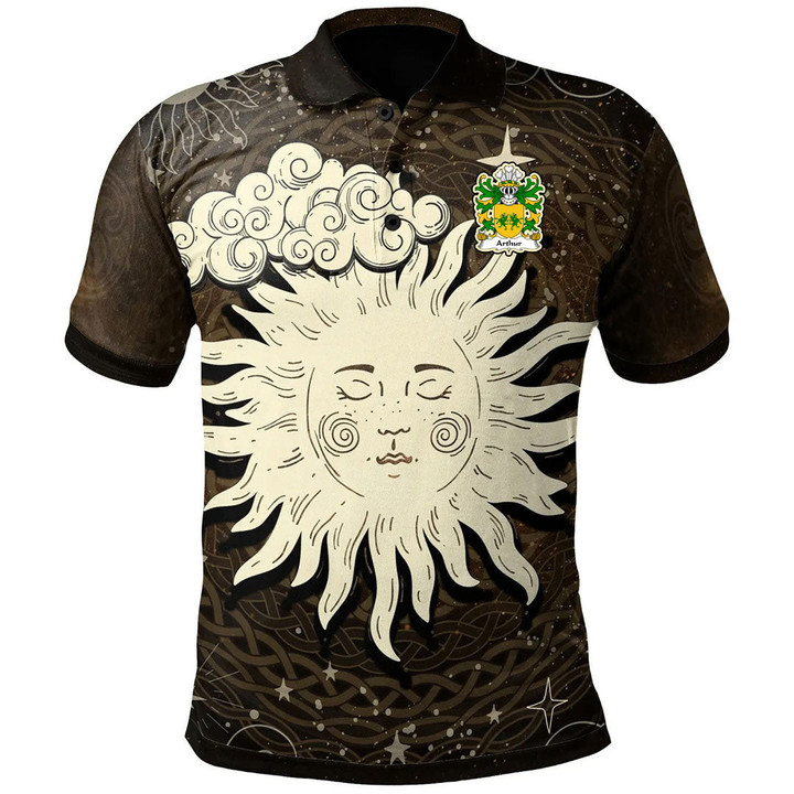 AIO Pride Arthur I AB Uthr Pendragon King Arthur Welsh Family Crest Polo Shirt - Celtic Wicca Sun & Moon