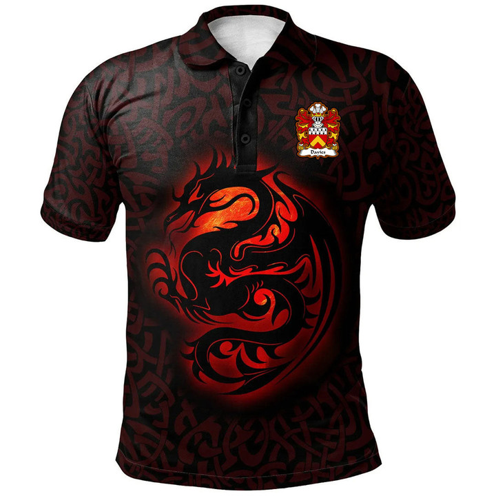AIO Pride Davies Of Caerhun Caernarfonshire Welsh Family Crest Polo Shirt - Fury Celtic Dragon With Knot